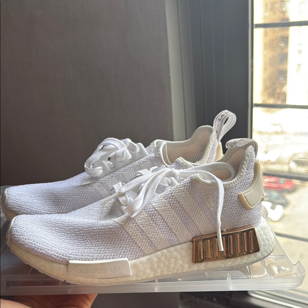 Adidas NMD white sneakers w rose gold detail